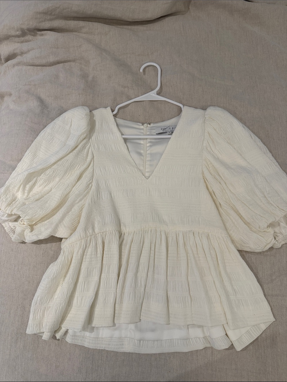 HUNTER BELL Ivory Puff-Sleeve Peplum Blouse